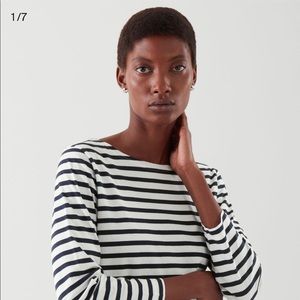 COS boat neck top, navy/white striped. Size M. 3/4 length sleeves. 100% cotton.
